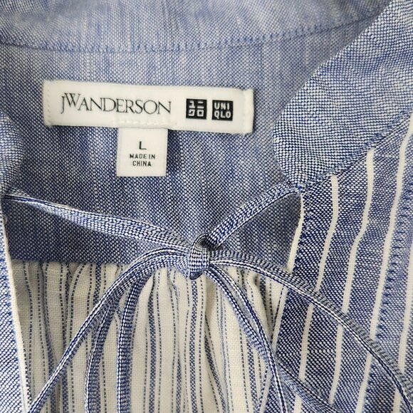 JW Anderson Uniqlo Sz L Linen Blend Boho Blue White Striped Tie Neck Top Blouse - Picture 3 of 7